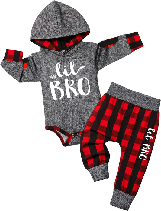 Fommy Newborn Baby Boy Clothes Plaid Letter Print Long Sleeve Hoodies + Long Pants 2PCS Fall Winter Outfits Set