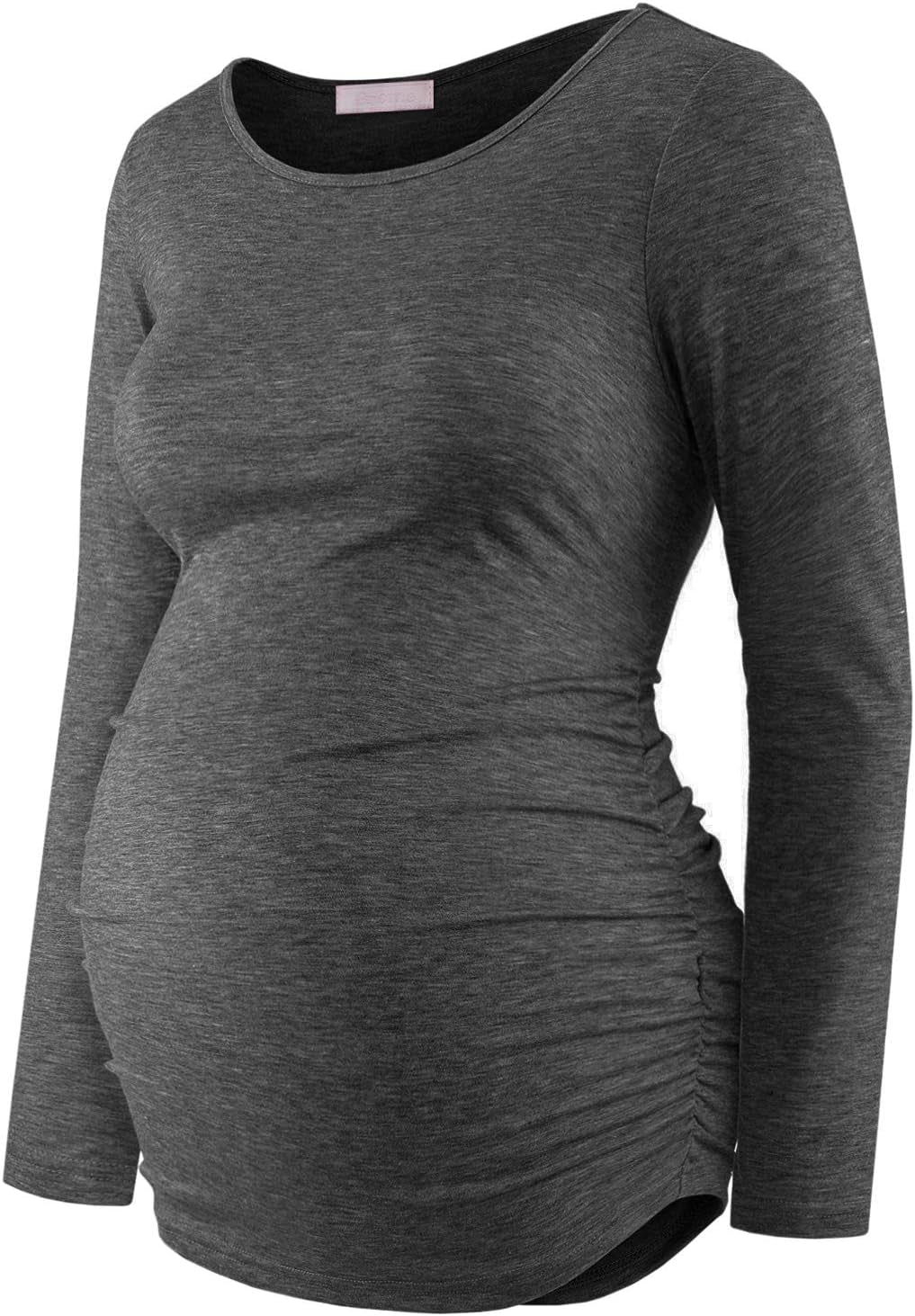 Maternity Shirt Long Sleeve Basic Top Ruch Sides Bodycon Tshirt for Pregnant Women