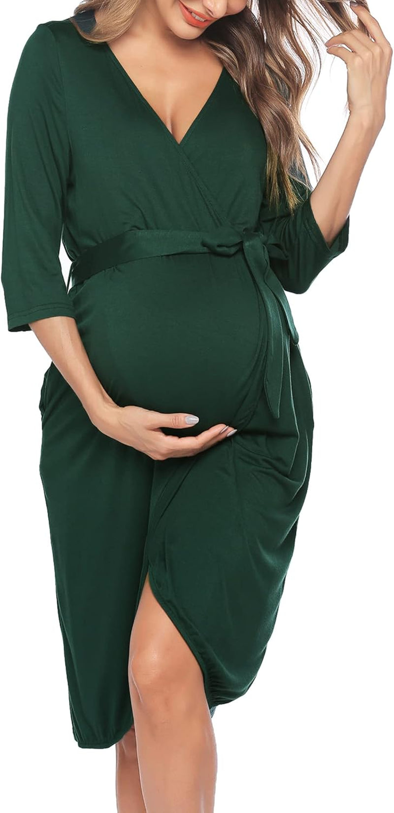 Ekouaer Womens Maternity Pregnancy Labor Robe Hospital Breastfeeding Gown (Dark Green, X-Large)