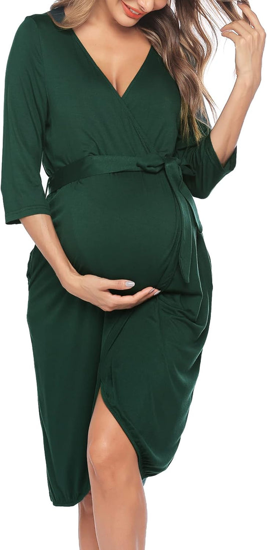 Ekouaer Womens Maternity Pregnancy Labor Robe Hospital Breastfeeding Gown (Dark Green, X-Large)