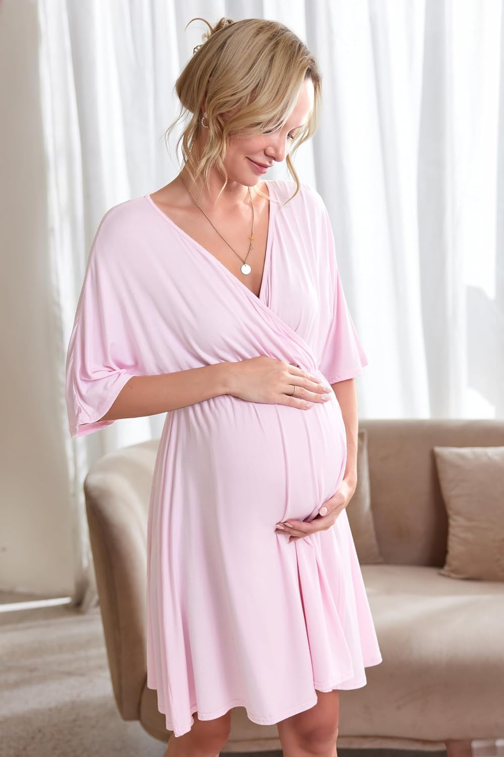 Ekouaer 3 in 1 Labor/Delivery/Hospital Gown Maternity Dress Nursing Nightgown Sleepwear for Breastfeeding, Light Pink, Small