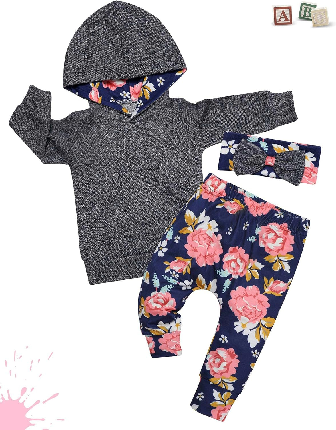 KANGKANG Toddler Baby Girl Clothes Baby Girl Hoodie Infant Baby Girl Outfits + Floral Pants 3PC Set 2-3 T