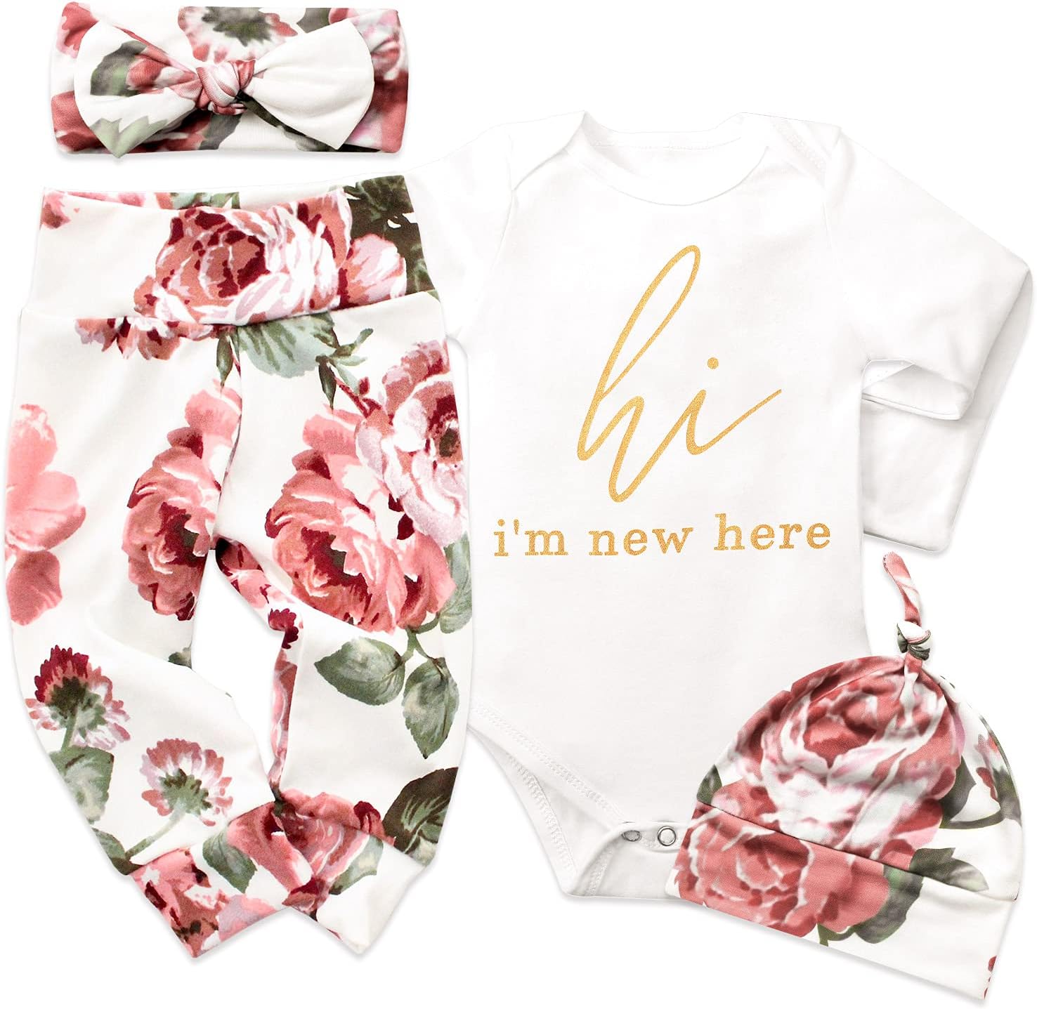 KANGKANG Newborn Baby Girl Clothes Hi I'M New Here Newborn Outfit Infant Romper Floral Pants Cute Baby Girl Outfits 4PC Set