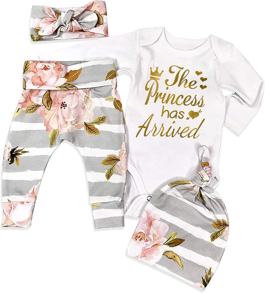 KANGKANG Newborn Baby Girl Clothes Hi I'M New Here Newborn Outfit Infant Romper Floral Pants Cute Baby Girl Outfits 4PC Set