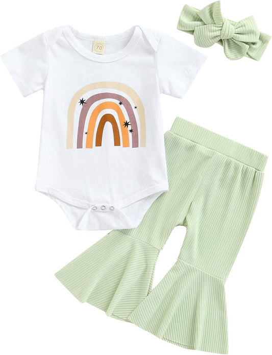 Thorn Tree Newborn Baby Girls Clothes Cotton Suit Cute Baby Kid Infant Toddler Play Wear Fall Winter Rainbow Outfits (Short Sleeve & Green 1, 3-6 Months)