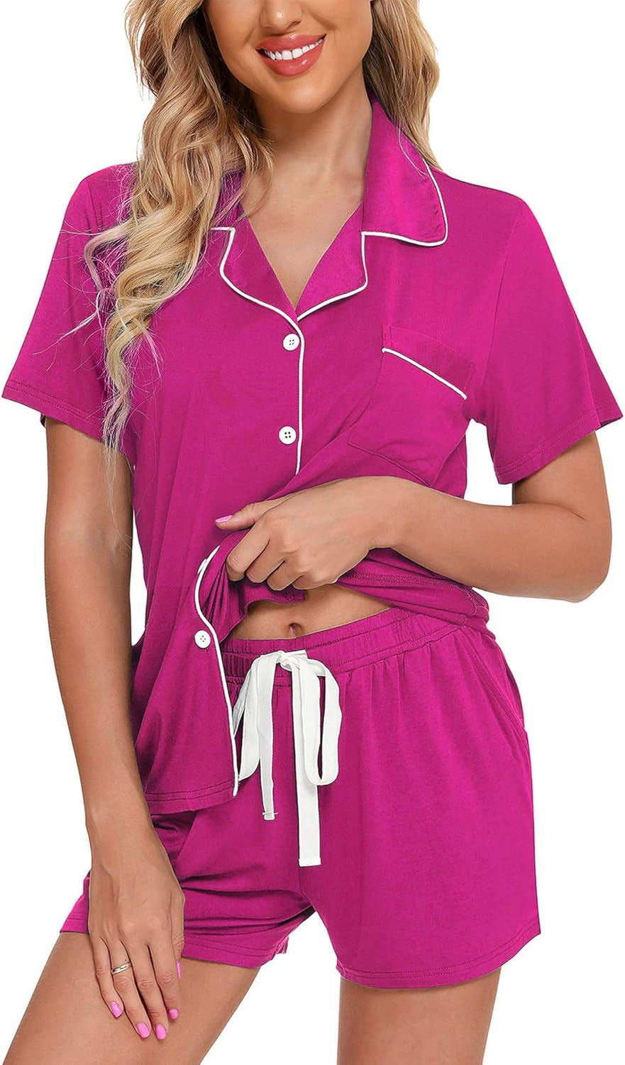 Samring Womens Pajamas Set Short Sleeve Sleepwear Button down Nightwear Shorts Soft Pj Sets S-XXL