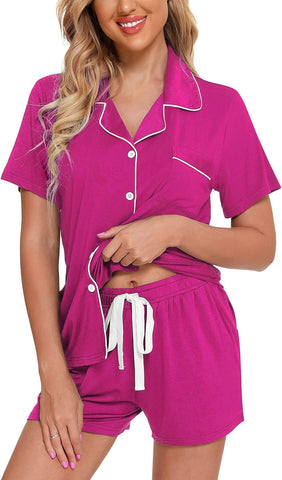 Samring Womens Pajamas Set Short Sleeve Sleepwear Button down Nightwear Shorts Soft Pj Sets S-XXL