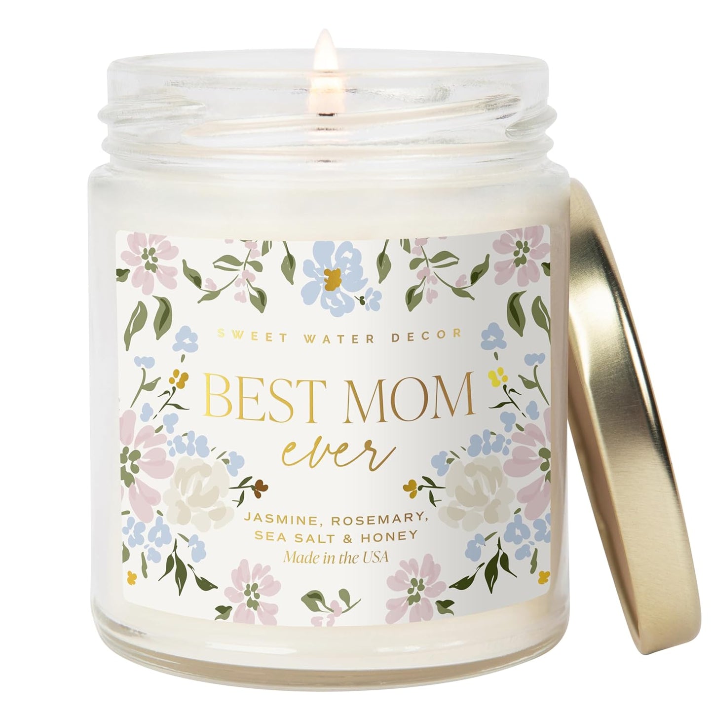 Sweet Water Decor, Best Mom Ever Candle - Sea Salt, Jasmine, Cream, and Wood Scented Soy Wax Candle for Mom - 9Oz Clear Jar, 40 Hour Burn Time, Made in the USA