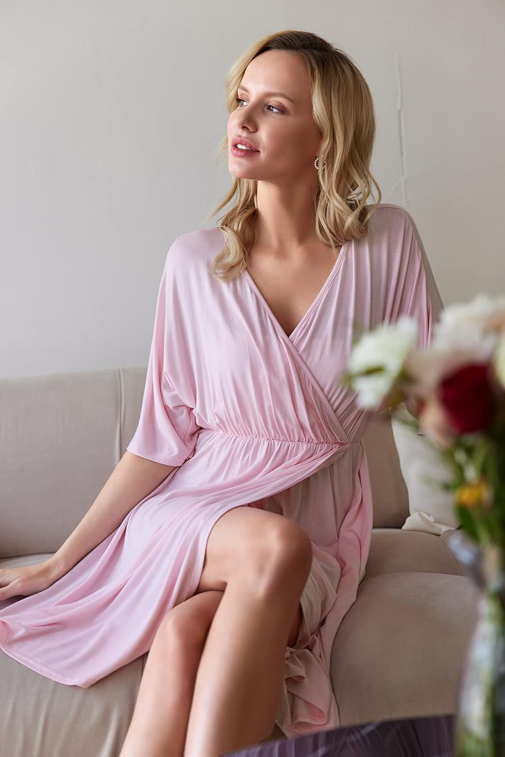 Ekouaer 3 in 1 Labor/Delivery/Hospital Gown Maternity Dress Nursing Nightgown Sleepwear for Breastfeeding, Light Pink, Small
