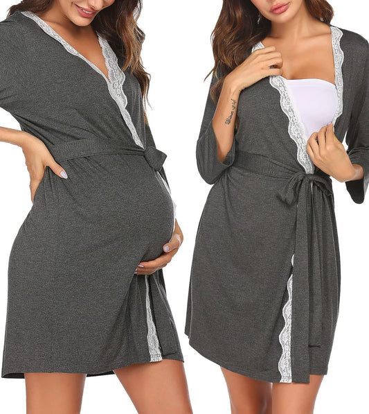 Ekouaer Maternity Nursing Robe Labor Delivery Nightgown Pregnancy Breastfeeding Gown Hospital Bathrobes Dress S-XXL