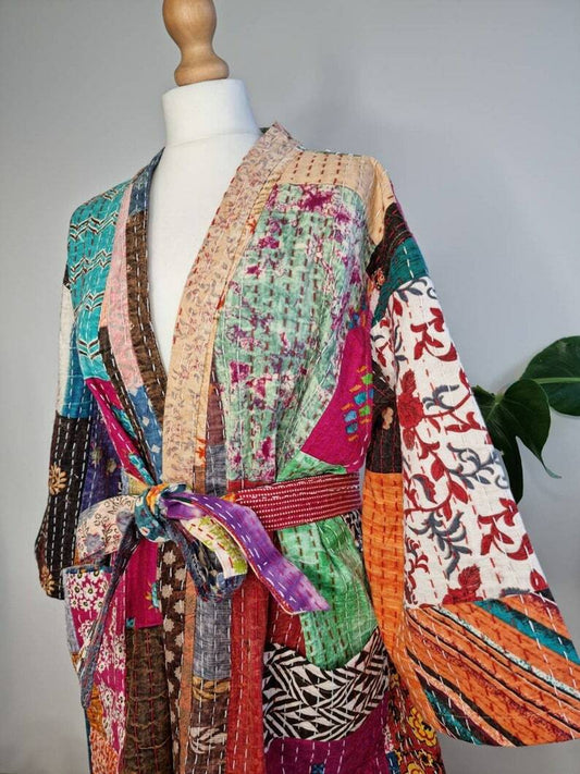 Silk Patchwork Handmade Kantha Jacket Japanese Kimono Style Kantha Robe Winter