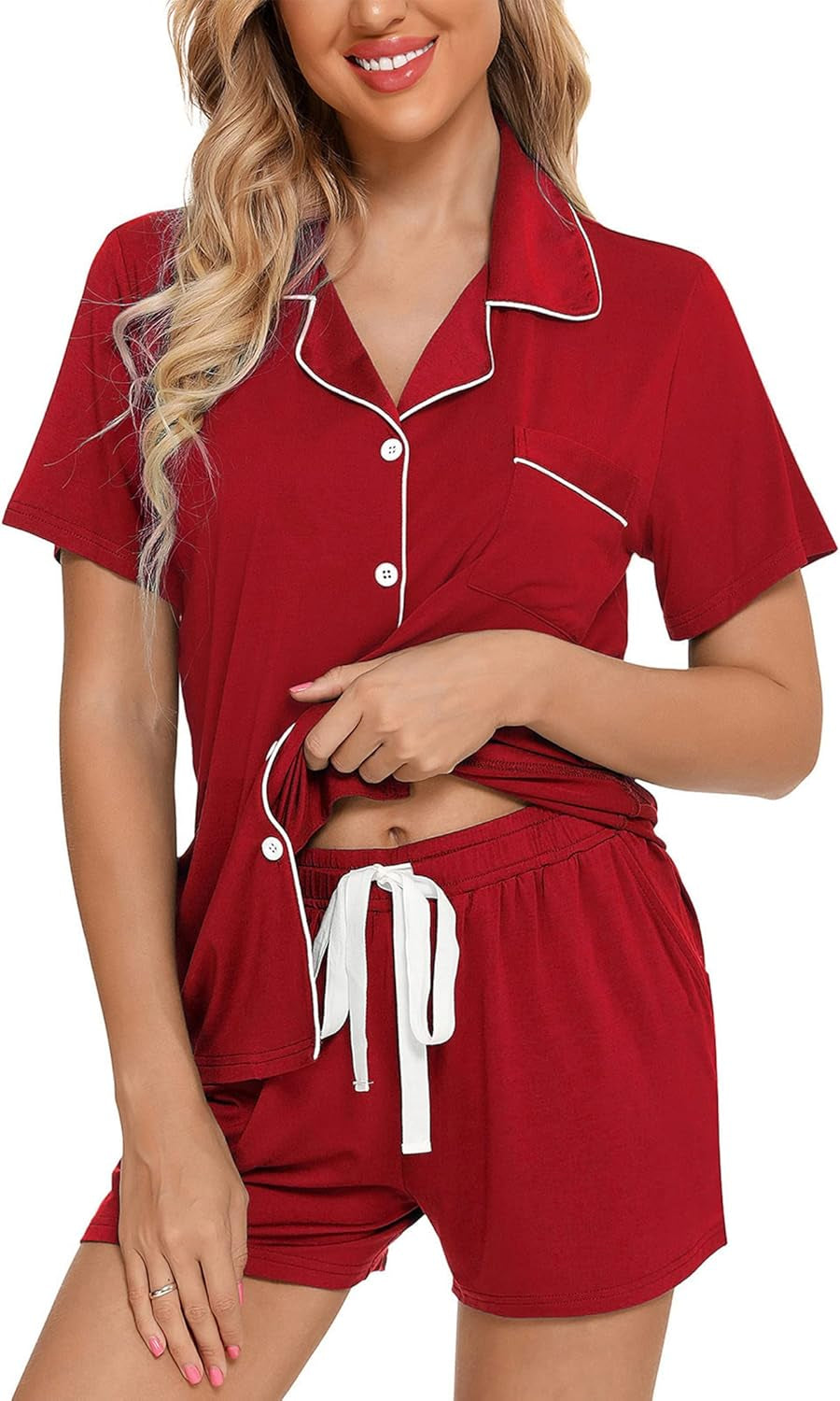 Samring Womens Pajamas Set Short Sleeve Sleepwear Button down Nightwear Shorts Soft Pj Sets S-XXL