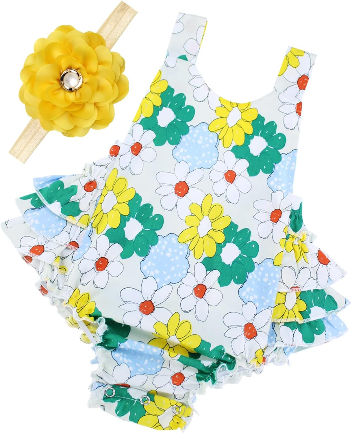 Baby Girl'S Floral Print Ruffles Romper Summer Clothes
