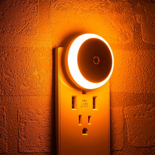 Amber Night Light Plug In, Dusk to Dawn Sensor, Blue Light Blocking, Automatic Nightlight, Energy Efficient, 2 Pack Night Lights Plug into Wall, for Bathroom, Bedroom, Kitchen, Hallway, Stairway