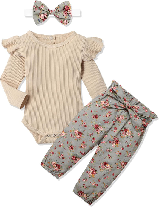 KANGKANG Newborn Baby Girl Clothes Ribbed Ruffle Sleeve Romper + Floral Pants + Headband Cute Infant Baby Girl Outfit 3Pcs