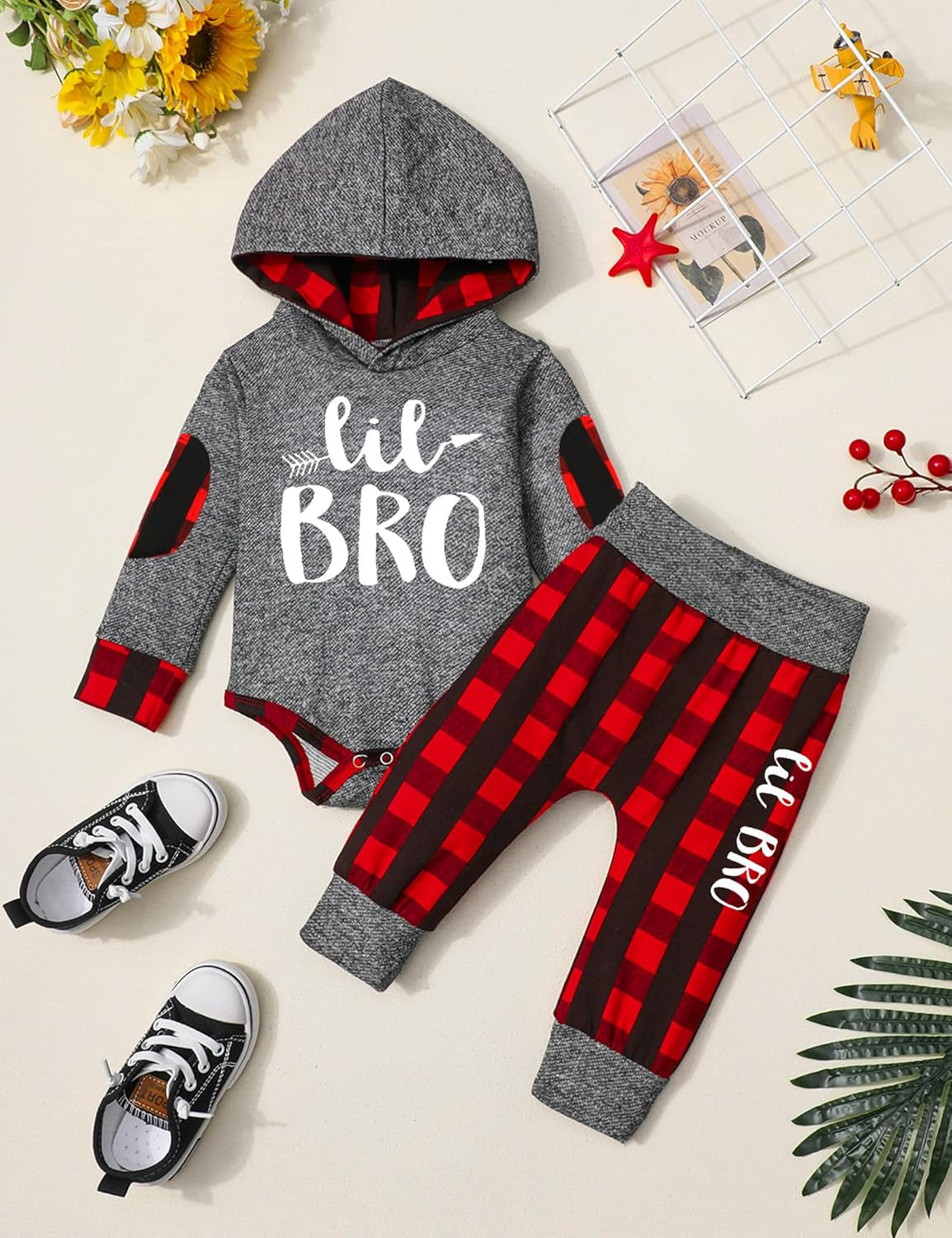 Fommy Newborn Baby Boy Clothes Plaid Letter Print Long Sleeve Hoodies + Long Pants 2PCS Fall Winter Outfits Set