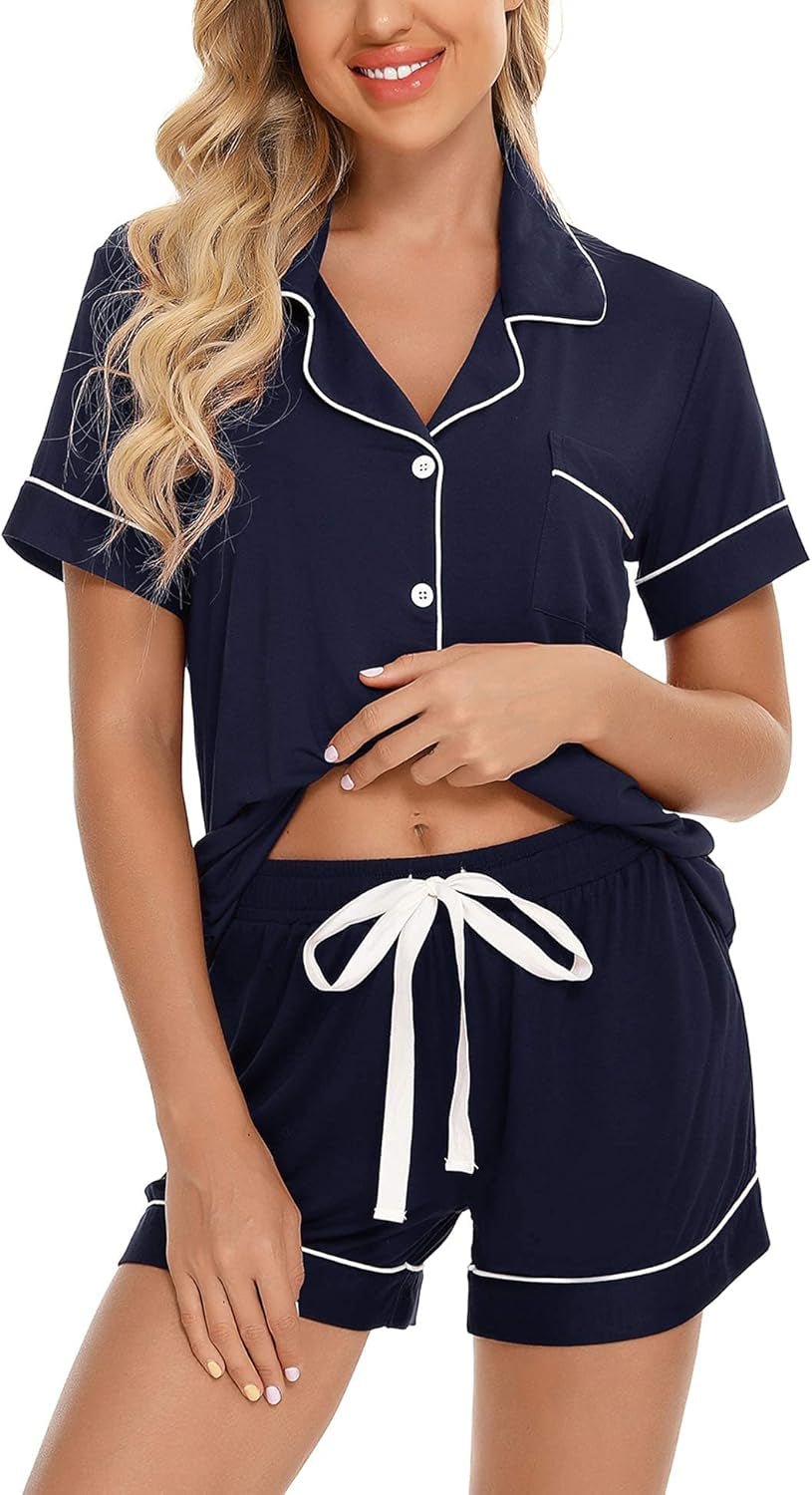 Samring Womens Pajamas Set Short Sleeve Sleepwear Button down Nightwear Shorts Soft Pj Sets S-XXL
