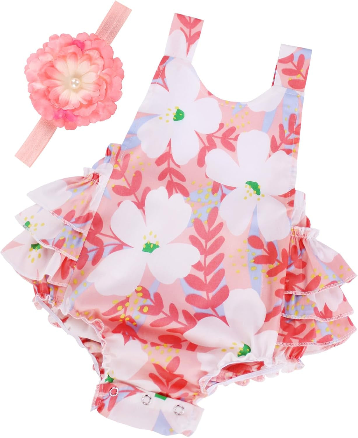Baby Girl'S Floral Print Ruffles Romper Summer Clothes