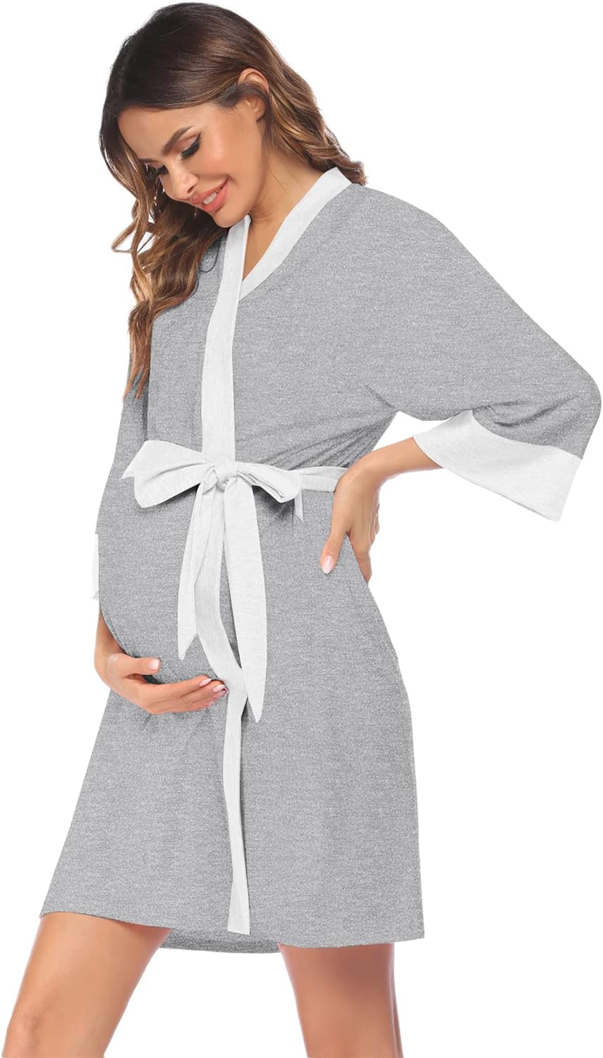 Ekouaer Maternity Nursing Robe Delivery Nightgowns Hospital Breastfeeding Gown A-Grey