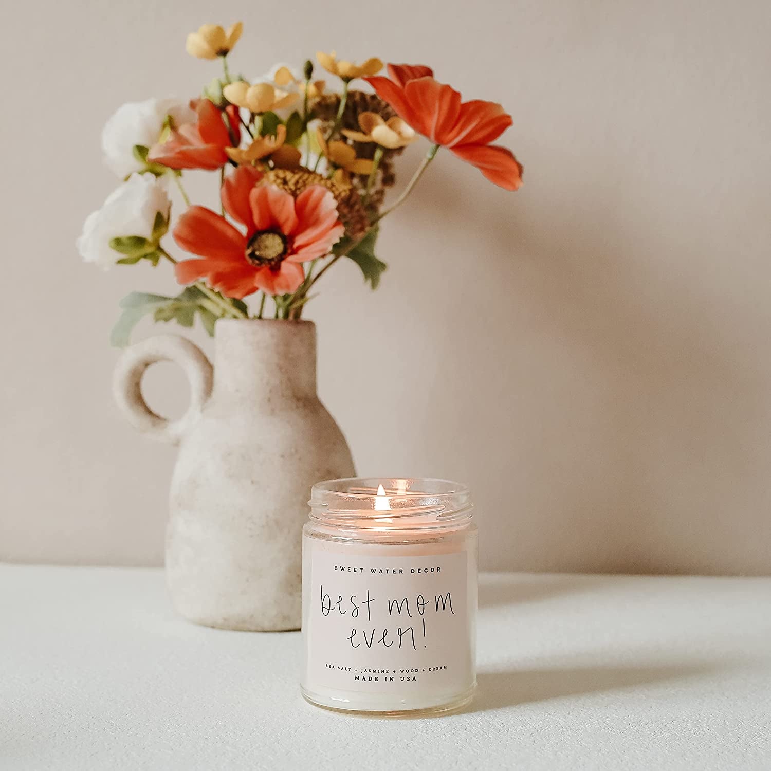 Sweet Water Decor, Best Mom Ever Candle - Sea Salt, Jasmine, Cream, and Wood Scented Soy Wax Candle for Mom - 9Oz Clear Jar, 40 Hour Burn Time, Made in the USA