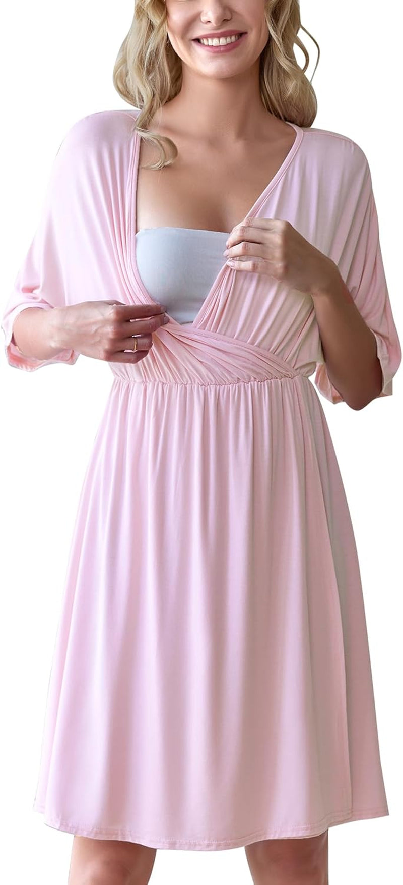 Ekouaer 3 in 1 Labor/Delivery/Hospital Gown Maternity Dress Nursing Nightgown Sleepwear for Breastfeeding, Light Pink, Small