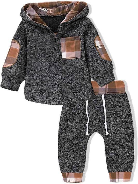 Ritatte Toddler Infant Baby Boys Clothes Plaid Long Sleeve Hoodie Sweatshirt Pants Fall Winter 4Pcs Outfits Set(Khaki Plaid, 12-18 Months)
