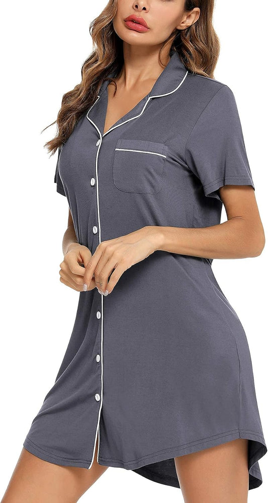 Samring Pajama Nightgown for Women Short/Long Sleeve Button down Nightwear Top Boyfriend Sleep Shirts Nightdress S-XXL