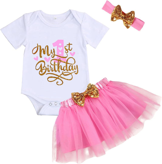GRNSHTS Baby Girl Birthday Cake Smash Outfit Toddler Girl My 1St Birthday Romper Tutu Skirt with Headband Clothes Set
