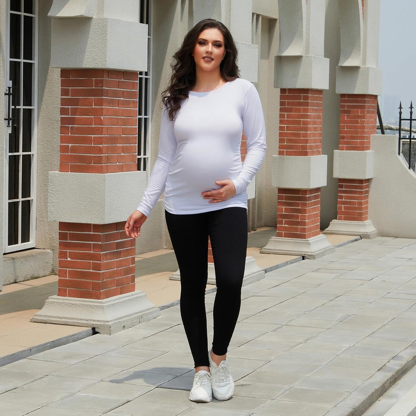 Maternity Shirt Long Sleeve Basic Top Ruch Sides Bodycon Tshirt for Pregnant Women